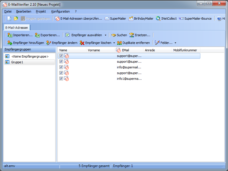 Screenshot vom Programm: E-MailVerifier